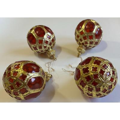4 Vintage Red & Gold Plastic Christmas Ornaments Crown Royalty Holidays