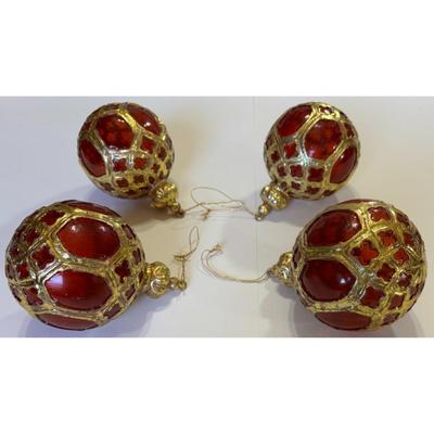 4 Vintage Red & Gold Plastic Christmas Ornaments Crown Royalty Holidays