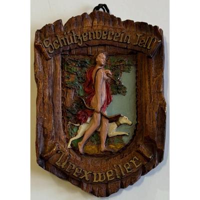 Vintage Schuetzenverein Tell Urexweiler Wood Plaque Nude Marksmen Shooting Club