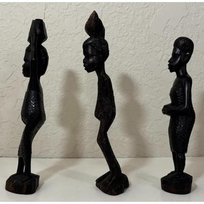 3 Vintage African Hand Carved Wooden Statues Holding Baskets Ebony Wood Africa