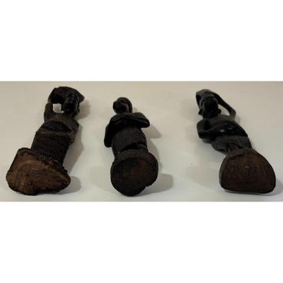 3 Vintage African Hand Carved Wooden Statues Holding Baskets Ebony Wood Africa