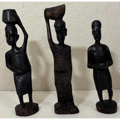 3 Vintage African Hand Carved Wooden Statues Holding Baskets Ebony Wood Africa