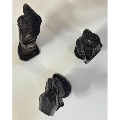 3 Vintage African Hand Carved Wooden Statues Holding Baskets Ebony Wood Africa