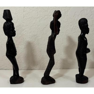 3 Vintage African Hand Carved Wooden Statues Holding Baskets Ebony Wood Africa