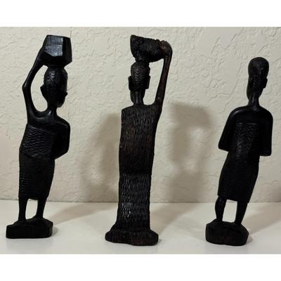 3 Vintage African Hand Carved Wooden Statues Holding Baskets Ebony Wood Africa