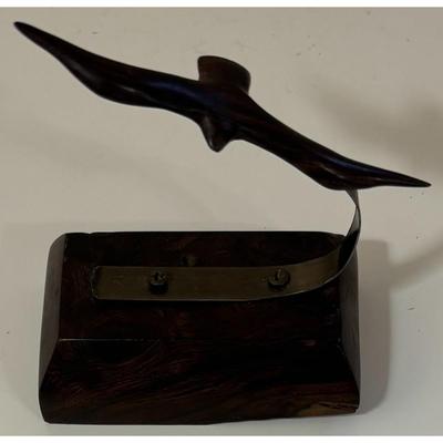 Vintage Wood Hand Carved Bird w/ Wood Base & Metal Perch Carving Brown