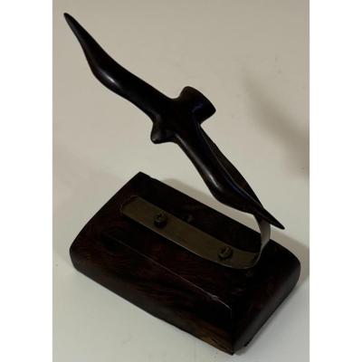 Vintage Wood Hand Carved Bird w/ Wood Base & Metal Perch Carving Brown