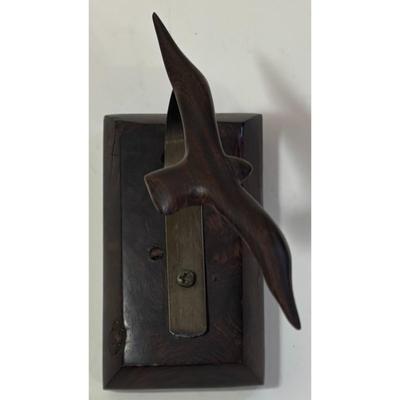 Vintage Wood Hand Carved Bird w/ Wood Base & Metal Perch Carving Brown