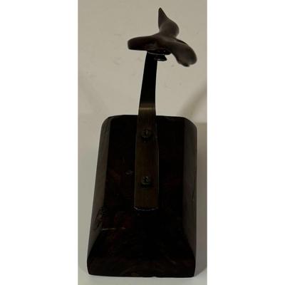 Vintage Wood Hand Carved Bird w/ Wood Base & Metal Perch Carving Brown