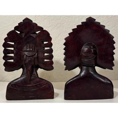 Vintage Pair Hand Carved Teak Wood Bali Indonesian Busts Statues Bookends