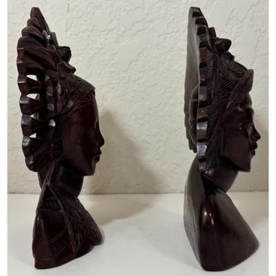 Vintage Pair Hand Carved Teak Wood Bali Indonesian Busts Statues Bookends