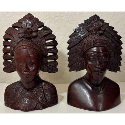 Vintage Pair Hand Carved Teak Wood Bali Indonesian Busts Statues Bookends