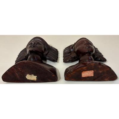 Vintage Pair Hand Carved Teak Wood Bali Indonesian Busts Statues Bookends
