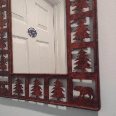 Metal Cut-Out Rustic Wall Mirror with Bear and Pine Tree Motif