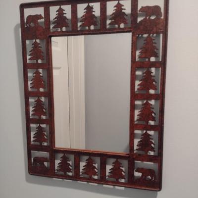 Metal Cut-Out Rustic Wall Mirror with Bear and Pine Tree Motif