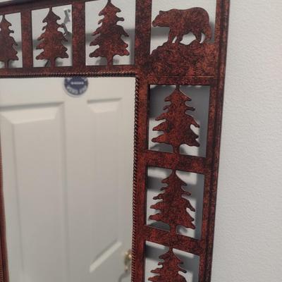 Metal Cut-Out Rustic Wall Mirror with Bear and Pine Tree Motif