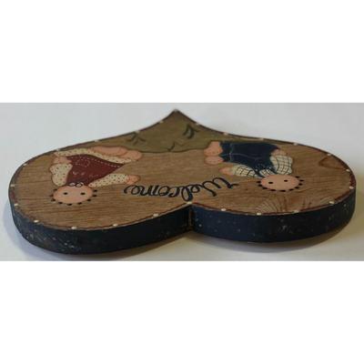 Vintage Heart Shaped Wood Welcome Sign Children Wooden Americana Dolls