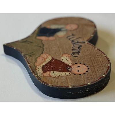 Vintage Heart Shaped Wood Welcome Sign Children Wooden Americana Dolls