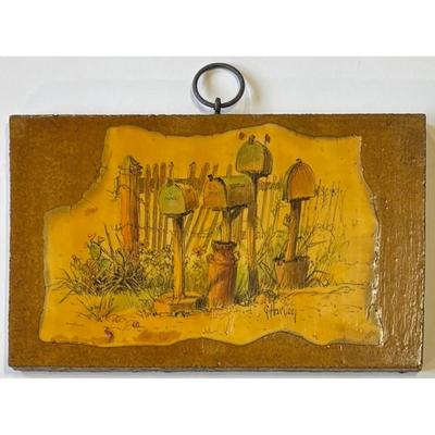 Vintage G. Harvey Mailboxes Wood Plaque Rural Rustic Country Americana Milk Can