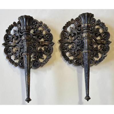 2 Vintage HOMCO 1978 Dark Plastic Fleur de Lis Candle Wall Sconces Castle 1970s