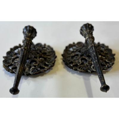 2 Vintage HOMCO 1978 Dark Plastic Fleur de Lis Candle Wall Sconces Castle 1970s
