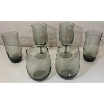 6 Vintage Libbey Smoky Gray Drinking Glasses Water Goblet Roly Poly Juice Wine