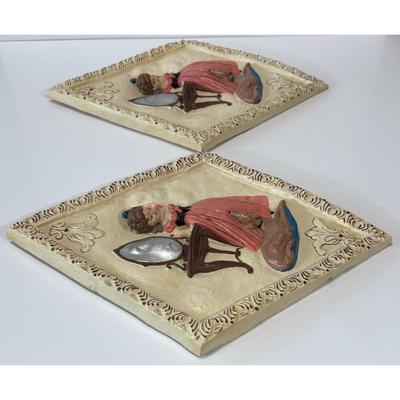 2 Vintage Chalkware Diamond Shaped Wall Art Woman Pink Dress Dog Table Mirror