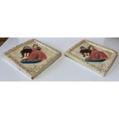 2 Vintage Chalkware Diamond Shaped Wall Art Woman Pink Dress Dog Table Mirror