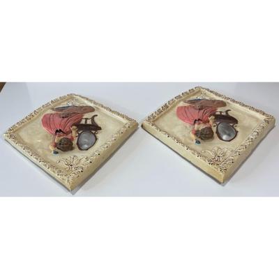 2 Vintage Chalkware Diamond Shaped Wall Art Woman Pink Dress Dog Table Mirror