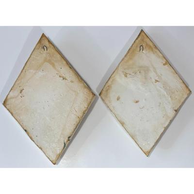 2 Vintage Chalkware Diamond Shaped Wall Art Woman Pink Dress Dog Table Mirror