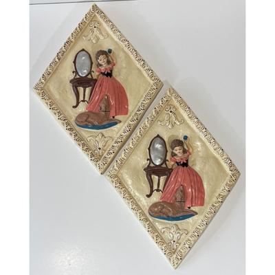 2 Vintage Chalkware Diamond Shaped Wall Art Woman Pink Dress Dog Table Mirror