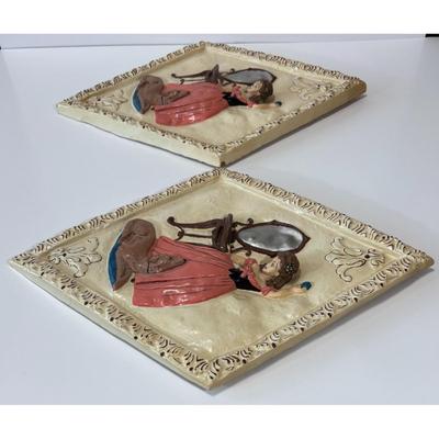 2 Vintage Chalkware Diamond Shaped Wall Art Woman Pink Dress Dog Table Mirror