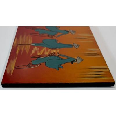 Asian Bicyclists Pointed Hats Bicycle Wall Plaque Decor Brown Blue Silver