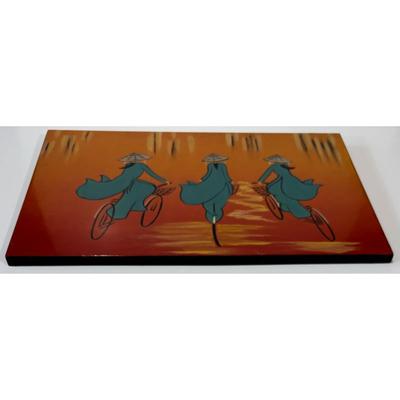 Asian Bicyclists Pointed Hats Bicycle Wall Plaque Decor Brown Blue Silver