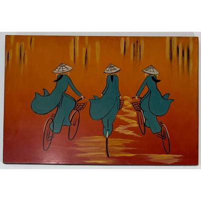 Asian Bicyclists Pointed Hats Bicycle Wall Plaque Decor Brown Blue Silver