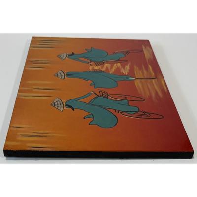 Asian Bicyclists Pointed Hats Bicycle Wall Plaque Decor Brown Blue Silver