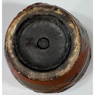 Vintage Japanese Ceramic Vase Scenic Mountains Trees Pagoda Orange Black Gray