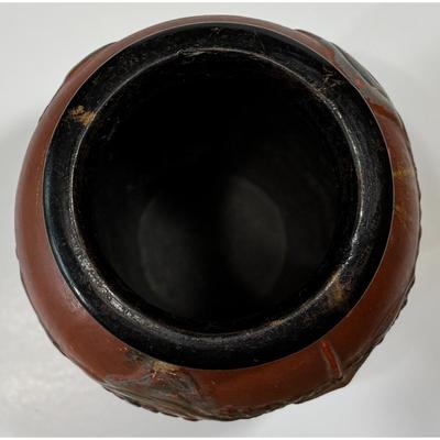 Vintage Japanese Ceramic Vase Scenic Mountains Trees Pagoda Orange Black Gray