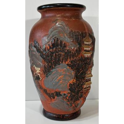 Vintage Japanese Ceramic Vase Scenic Mountains Trees Pagoda Orange Black Gray