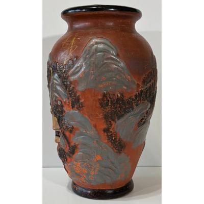 Vintage Japanese Ceramic Vase Scenic Mountains Trees Pagoda Orange Black Gray