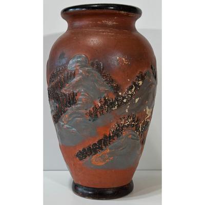 Vintage Japanese Ceramic Vase Scenic Mountains Trees Pagoda Orange Black Gray