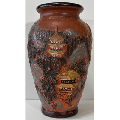 Vintage Japanese Ceramic Vase Scenic Mountains Trees Pagoda Orange Black Gray
