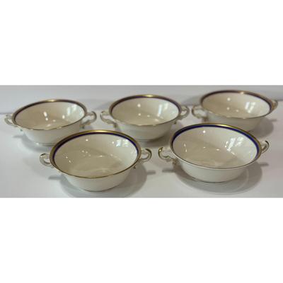 Vintage Syracuse China Old Ivory Blue & Gold Soup Tureen & 5 Double Handle Bowls