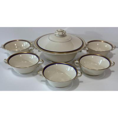 Vintage Syracuse China Old Ivory Blue & Gold Soup Tureen & 5 Double Handle Bowls