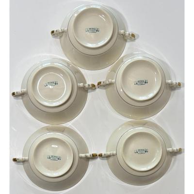 Vintage Syracuse China Old Ivory Blue & Gold Soup Tureen & 5 Double Handle Bowls