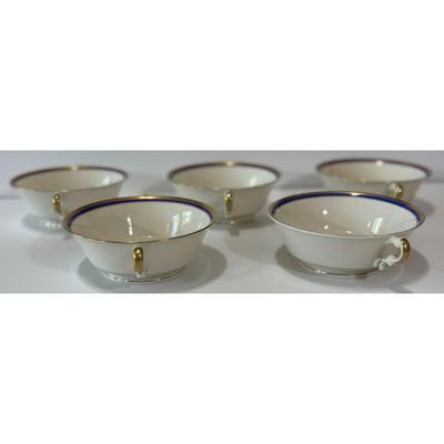 Vintage Syracuse China Old Ivory Blue & Gold Soup Tureen & 5 Double Handle Bowls
