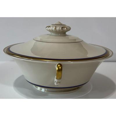 Vintage Syracuse China Old Ivory Blue & Gold Soup Tureen & 5 Double Handle Bowls