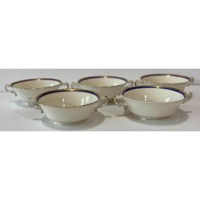 Vintage Syracuse China Old Ivory Blue & Gold Soup Tureen & 5 Double Handle Bowls
