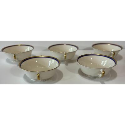 Vintage Syracuse China Old Ivory Blue & Gold Soup Tureen & 5 Double Handle Bowls