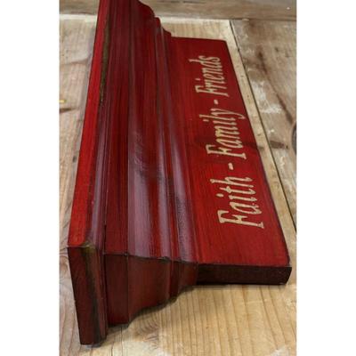 Vintage Faith - Family - Friends Red w/ White Lettering Wood Shelf Ready To Hang